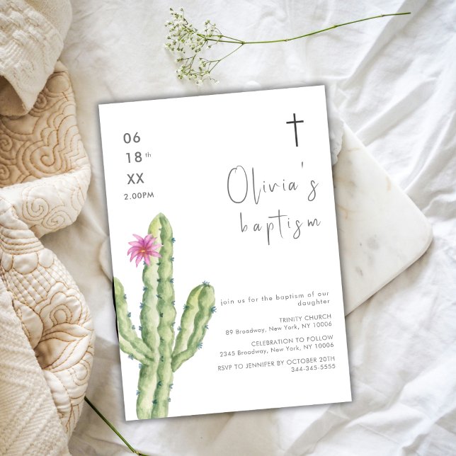 Invitación Simple acuarela Cuctus Flower Cross Baptism (Simple Watercolor Cuctus Flower Cross Baptism Invitation)