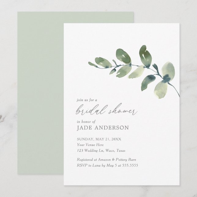 Invitación Simple acuarela Eucalyptus Bridal Shower (Anverso / Reverso)
