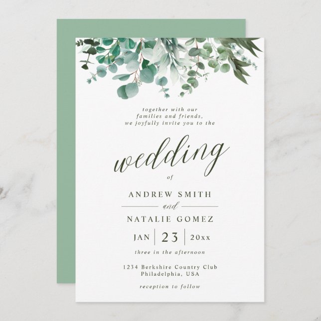 Invitación Simple acuarela Eucalyptus Greenery Boda (Anverso / Reverso)