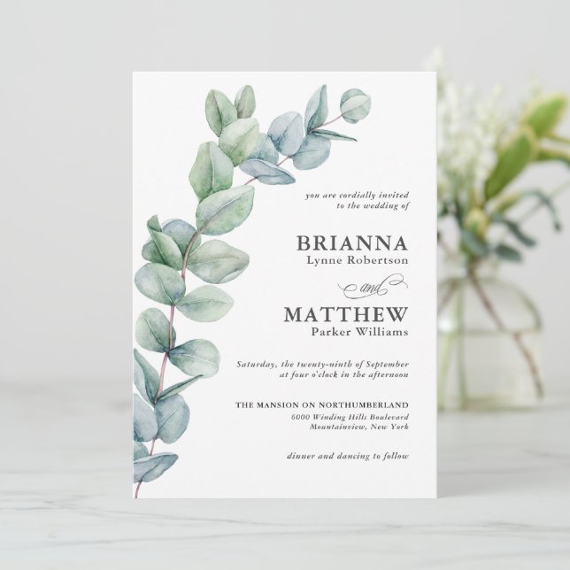 Invitación Simple acuarela Eucalyptus Greenery Boda (Anverso de pie)