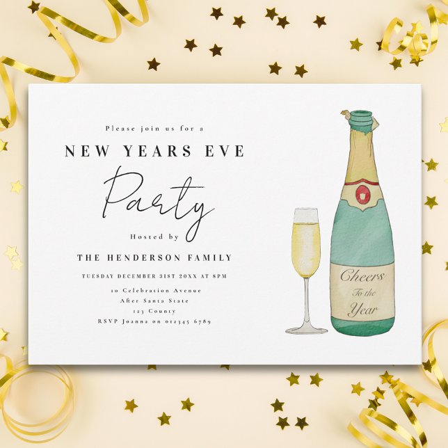 Invitación Simple acuarela Fiesta de Nochevieja (Cheers to the year New Year’s Eve party invitation simple watercolor )
