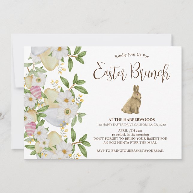 Invitación Simple acuarela floral caza de huevos de brunch de (Anverso)