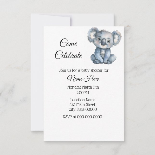 Invitación Simple acuarela Koala Baby Shower (Anverso)