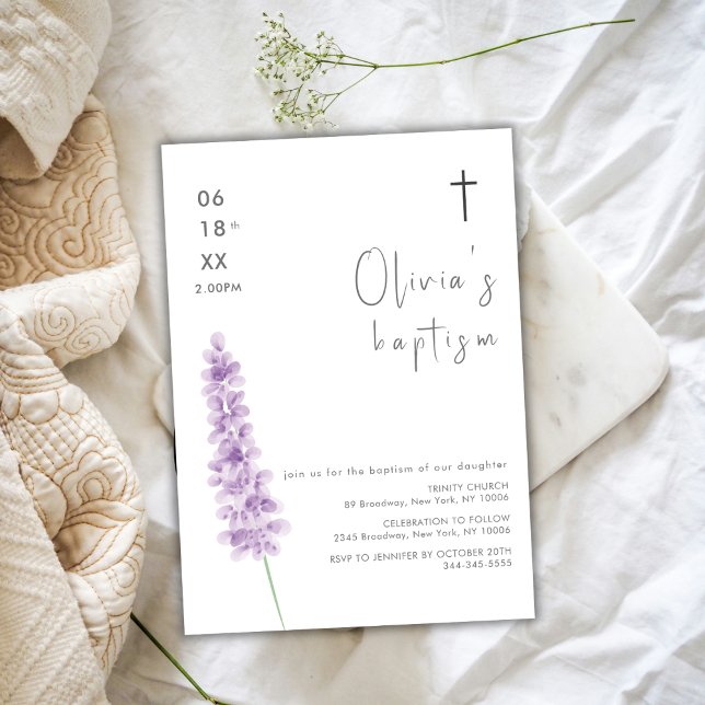 Invitación Simple acuarela Lavanda Flor Baptismo (Simple Watercolor Lavender Flower Cross Baptism Invitation)