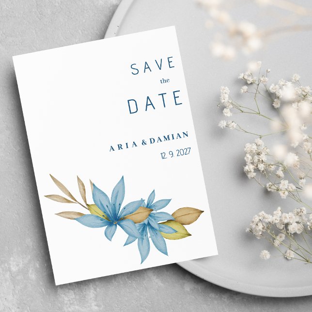 Invitación Simple acuarela marrón floral azul Save the Date (Simple watercolor brown blue floral Save the Date)