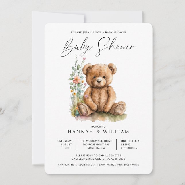 Invitación Simple acuarela Pequeño Teddy Bear Baby Shower (Anverso)