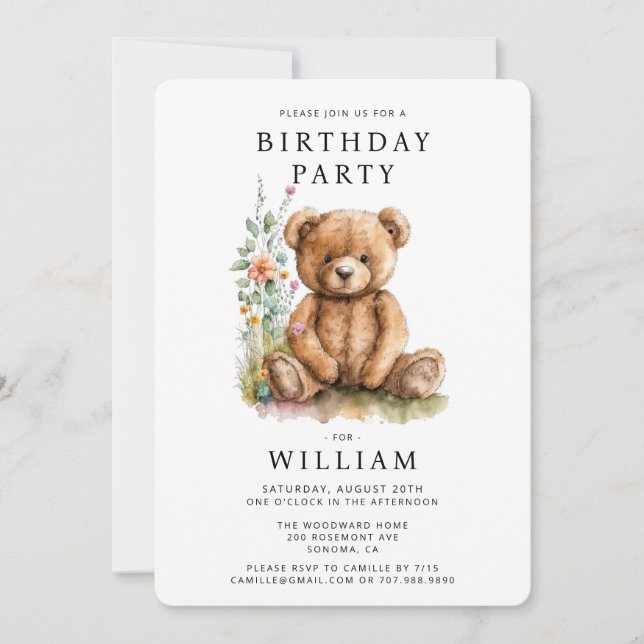 Invitación Simple acuarela Pequeño Teddy Bear Cumpleaños (Anverso)