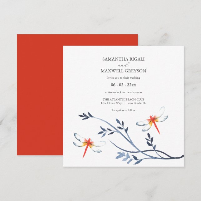 Invitación Simple acuarela rojo Dragonfly Wedding Invite (Anverso / Reverso)