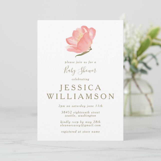 Invitación Simple acuarela Rubor Pink Floral Baby Shower (Anverso de pie)