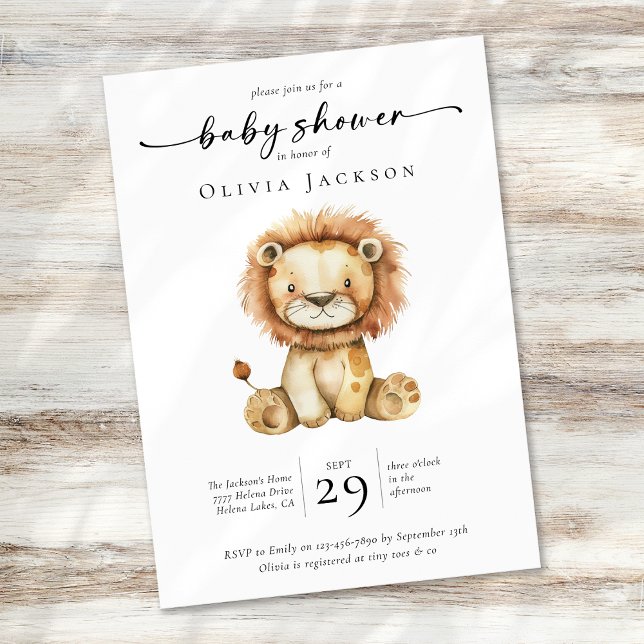 Invitación Simple acuarela Safari Lion Baby Shower (Subido por el creador)