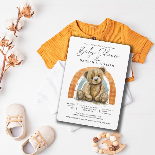 Invitación Simple acuarela Teddy Bear Rainbow Baby Shower (Subido por el creador)