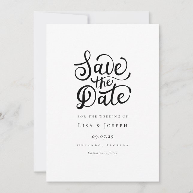 Invitación Simple Ahorra la Fecha en Guión Blanco y Negro (Anverso)