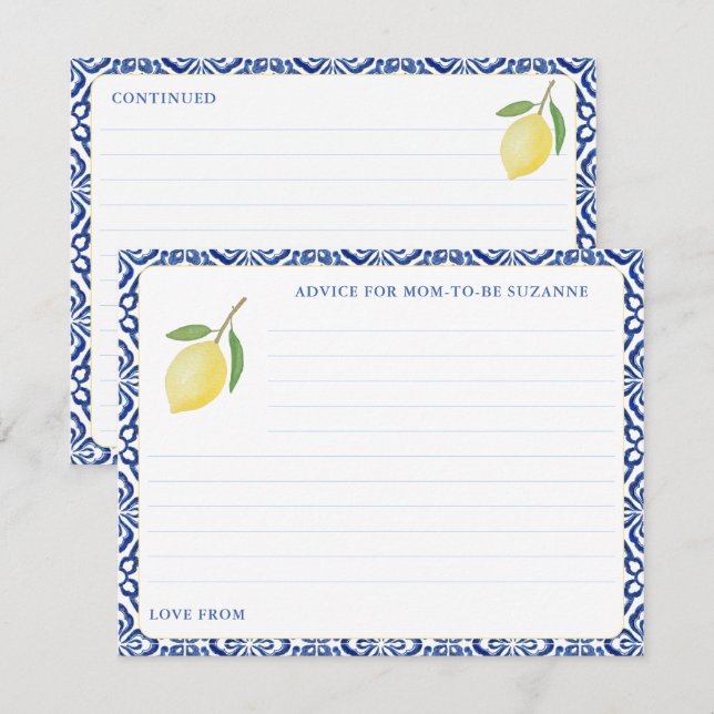 Invitación Simple Amalfi Lemon Blue Tiles Consejos Para Mamá  (Anverso / Reverso)