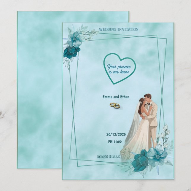Invitación Simple and elegant wedding invitation in Sky Blue (Anverso / Reverso)