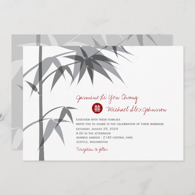 Invitación Simple árbol de bambú oriental Boda chino moderno (Anverso / Reverso)