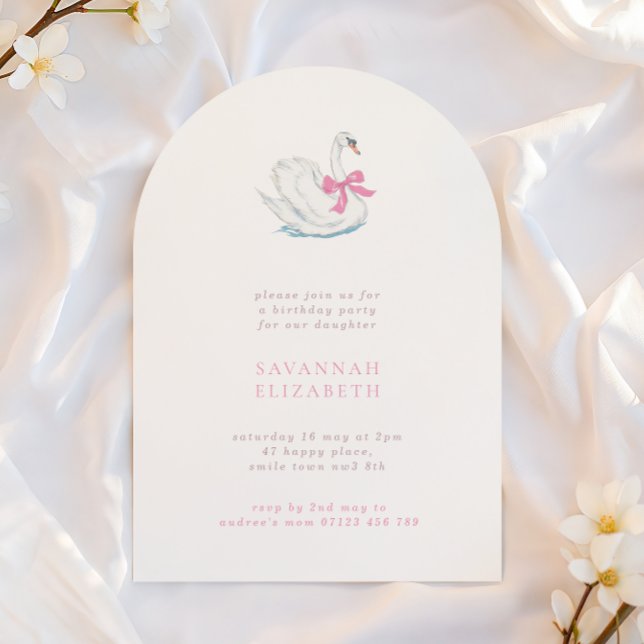 Invitación Simple Arch Swan & Pink Bow Girls Birthday Party (Subido por el creador)