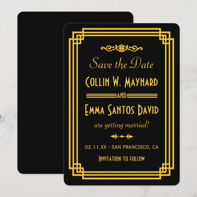 Invitación Simple Art Deco Negro y Dorado Salva la Fecha (Anverso / Reverso)