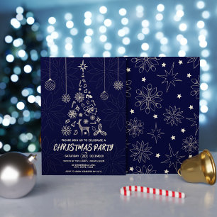 Invitación Simple azul oscuro y oro elegante árbol de Navidad