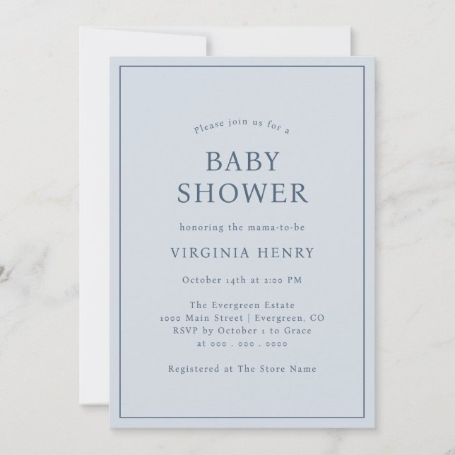 Invitación Simple Azul para Baby Shower (Anverso)
