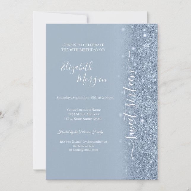 Invitación Simple Azul Polvoriento Brillo Dulce 16 (Anverso)