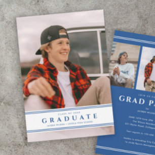 Invitación Simple Azul y Blanco Deportivo Foto Graduación