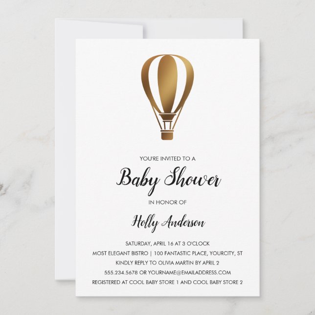 Invitación Simple Baby Shower Smooth Gold Hot Air Balloon (Anverso)