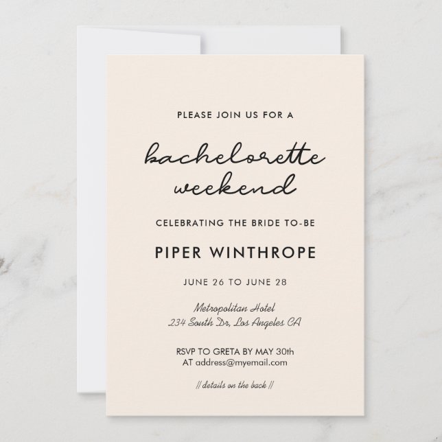 Invitación Simple Bachelorette Weekend (Anverso)