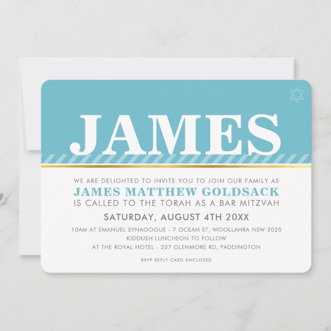 Invitación SIMPLE BAR MITZVAH estrella judía moderna turquesa (Anverso)