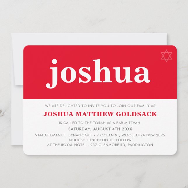 Invitación SIMPLE BAR MITZVAH genial estrella judía moderna r (Anverso)