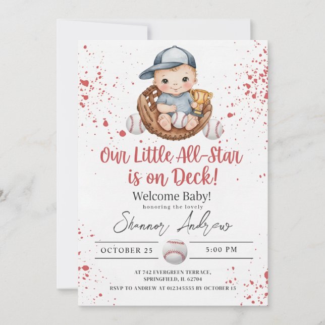 Invitación Simple Baseball Baby Shower A Little Slugger (Anverso)