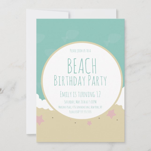 Invitación Simple Beach Birday Party Sand (Anverso)