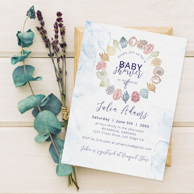 Invitación Simple Beach Ocean Seashell Wreath Baby Shower (Subido por el creador)