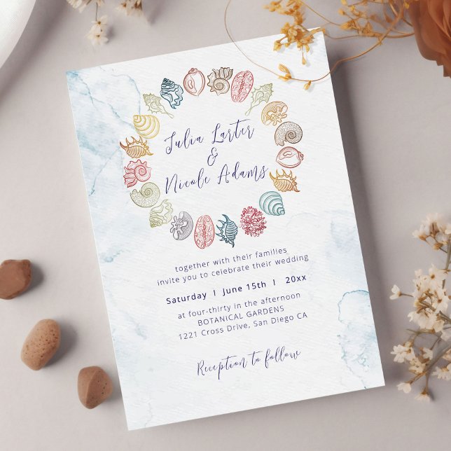 Invitación Simple Beach Ocean Seashell Wreath Boda (Subido por el creador)