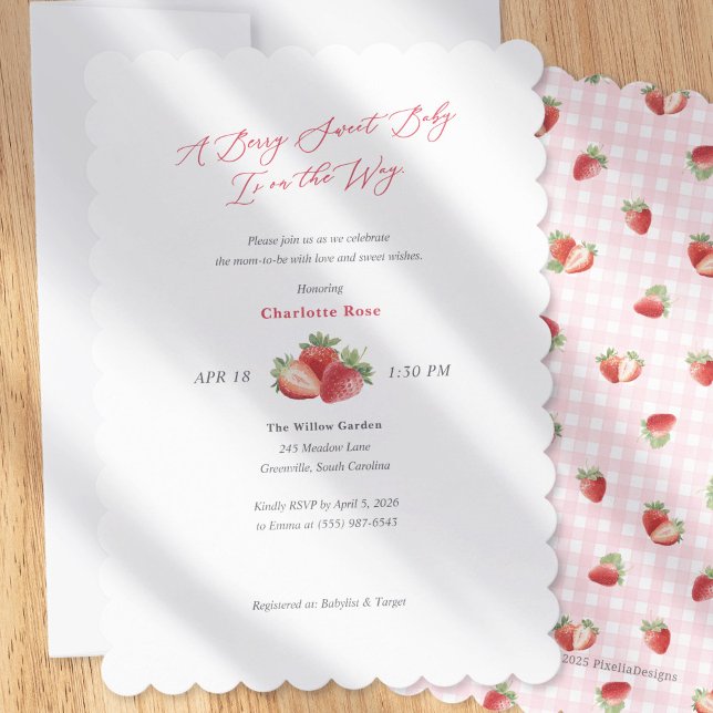 Invitación Simple Berry Sweet Strawberry Themed Baby Shower (Simple Berry Sweet Baby Girl Shower Invitation-Spring Baby Shower invites.)