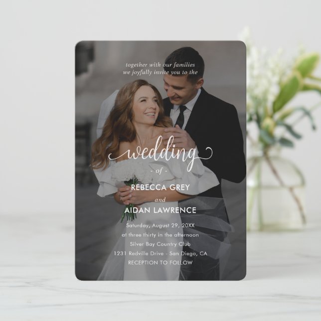 Invitación Simple Black and White Overlay Photo Wedding  (Anverso de pie)