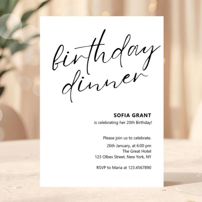 Invitación Simple Black and White Unisex Birthday Dinner (birthday dinner invitations, adult birthday dinner invites, any age, womens or mens birthday dinner,)