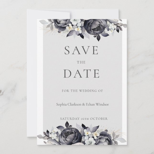 Invitación Simple Black Floral Digital Save the Date Card (Anverso)