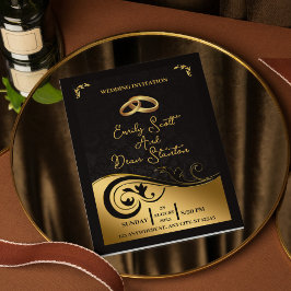 Invitación Simple Black Gold Floral Modern Elegant Wedding