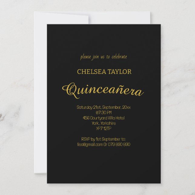 Invitación Simple Black & Gold Quinceañera 15º Fiesta (Anverso)