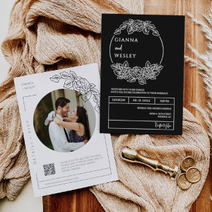 Invitación Simple Black Minimal Boho Line Art QR Code Photo