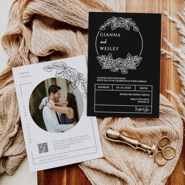 Invitación Simple Black Minimal Boho Line Art QR Code Photo (Subido por el creador)