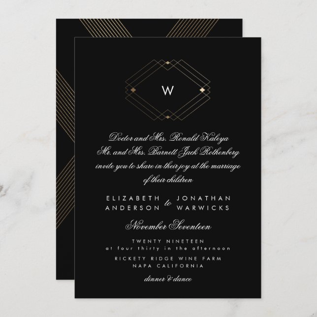 Invitación Simple Black Modern Monograma Script Gold (Anverso / Reverso)