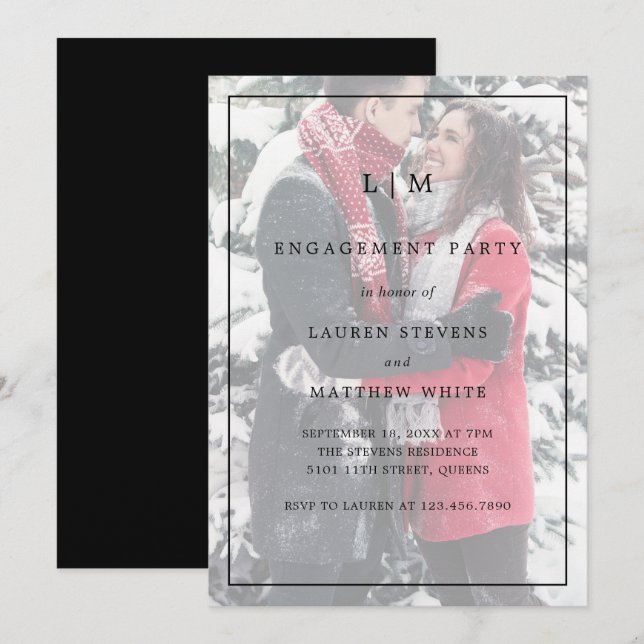 Invitación Simple Black Photo Elegagement Party (Anverso / Reverso)