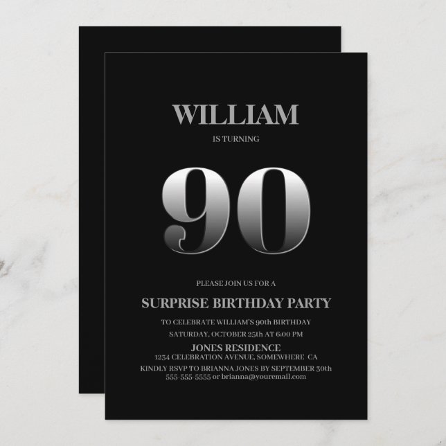 Invitación Simple Black Silver Sorpresa 90 cumpleaños (Anverso / Reverso)