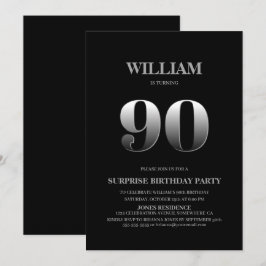 Invitación Simple Black Silver Sorpresa 90 cumpleaños
