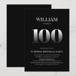 Invitación Simple Black Silver Surprise 100 cumpleaños