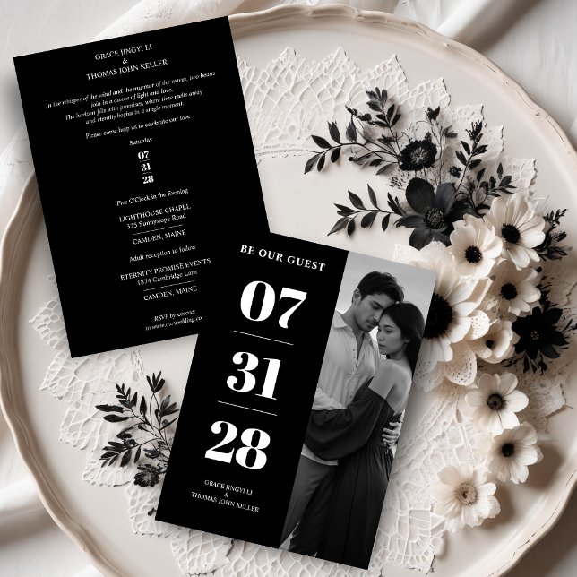 Invitación Simple Black & White Enchanting & Delicate Minimal (Simple Black & White Enchanting and Delicate Minimalist Photo Wedding Save the Dates Cards. )