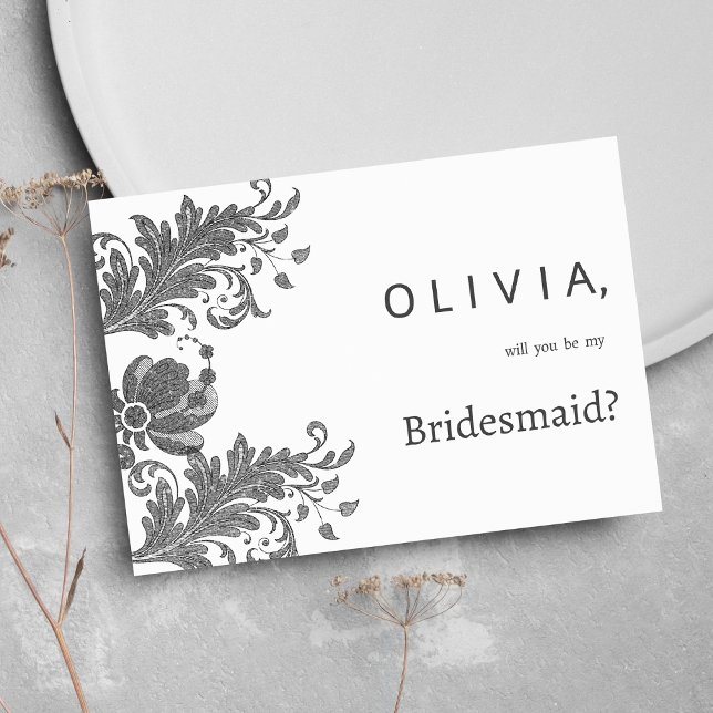 Invitación Simple black white glitter floral lace Bridesmaid (Simple black white glitter floral lace Bridesmaid )