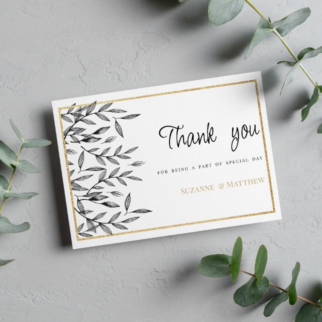 Invitación Simple black white gold floral foliage Thank You (Simple black white gold floral foliage Thank You )