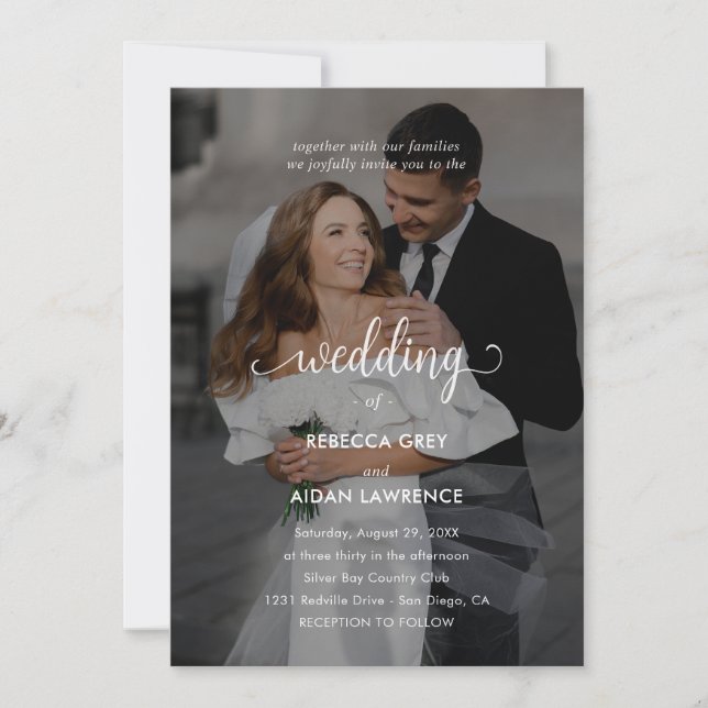 Invitación Simple Black & White Overlay Photo Wedding  (Anverso)